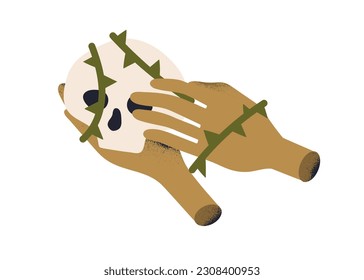 Witch hand holding skull. Dead human head skeleton. Esoteric occult mysterious death symbol. Sorcery, witchcraft, black magic concept. Flat vector illustration isolated on white background