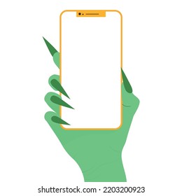 Witch Hand Holding Smartphone. Halloween Template. Vector Illustration