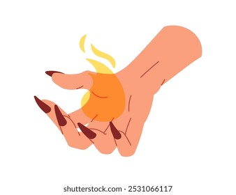 Witch hand holding and taming hot burning fire flame, fireball. Mystical power, black magic energy, witchcraft, sorcery and charm concept symbol. Flat vector illustration isolated on white background