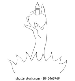 The witch hand holds a vial with a love potion. Heart shaped vessel. Long fingers with sharp nails burst from the ground. Vector illustration. Outline on an isolated white background. Doodle style. 