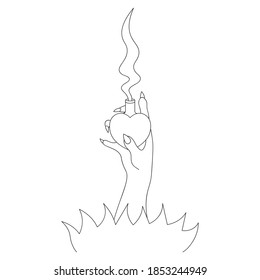 The witch hand holds a vial with a love potion. Heart shaped vessel. Magic couples come out of the bubble. Long fingers with sharp nails burst from the ground. Vector illustration. Sketch. Halloween. 