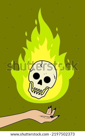 Witch hand with long black nails. Necromancer's hand cast a spell hand posture. Burning skull. Green flame. Hand and scull. Vector illustration. Female necromancer sorcerer. Dark ritual concept. 