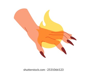 Mão de bruxa com unhas compridas, garras de dedo, controlando a chama ardente, fogo domesticado. Magia negra e conceito de energia mística. Feitiçaria, bruxaria. Ilustração de vetor plano isolada no plano de fundo branco