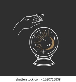 Witch hand with magic ball in trendy linear minimal style . Boho style.