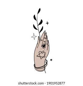 Witch hand with plant, magical tattoo in boho design, witchcraft for Halloween. Magic hand drawing, female palm sketch, vector illustration isolated on white background.