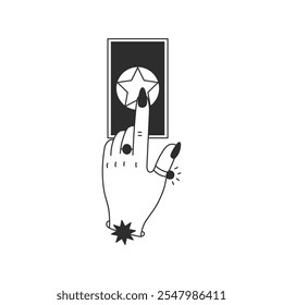 Witch hand pointing to Tarot Card Line Icon. Esoteric Occult Gesture. Prediction and Fortune Telling Sign in doodle style. Vector illustration.