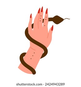 Witch hand with snake. Magical ritual, fortune teller occult, witchcraft inventory cartoon vector illustration