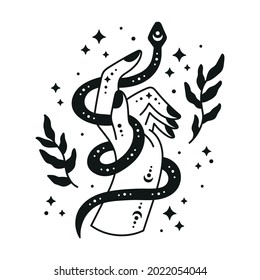 Witch hand with snake. Mystical symbol. Spiritual ritual illustration. Vector black and white art