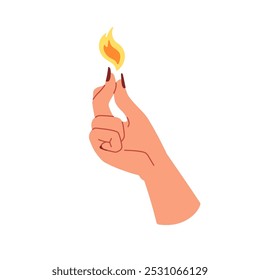 Witch hand snapping fingers with burning fire flame, black magic power. Mystical energy, light concept. Esoteric occult spiritual symbol. Flat vector illustration isolated on white background