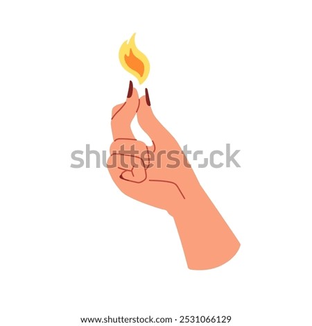 Witch hand snapping fingers with burning fire flame, black magic power. Mystical energy, light concept. Esoteric occult spiritual symbol. Flat vector illustration isolated on white background