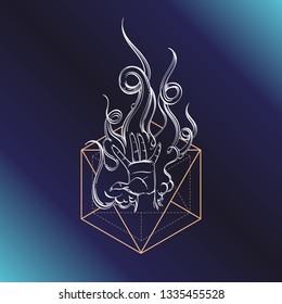 Witch hand with symbols of sacred geometry. Outline vector illustration on dark blue background for posters, websites, engraving and much more.