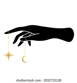 Witch hand with talismans. Wicca, alchemy, mystical, magic, celestial, esoteric, sacred, spiritual, occultism inspired concept. Woman hands with crescent moon and stars. Vector illustrations flat