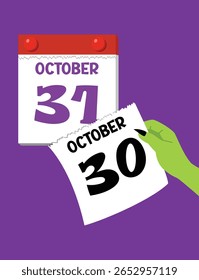 Witch Hand Tear Calendário outubro 30-31, halloween banner conceito ilustração, celebração de evento fantasma, engraçado halloween contagem regressiva design, mão zumbi Mudando data para o Halloween