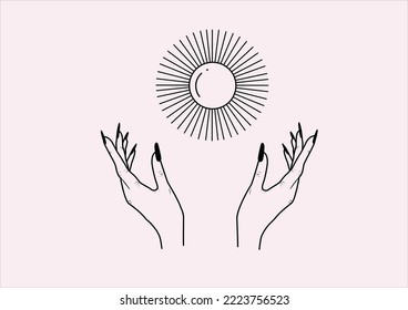 witch hand and vintage sun vector hand drawn design art