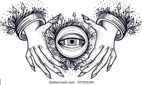 Witch hands with all seeing third eye. Dotwork tattoo design. Vector