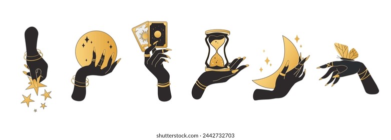 Witch hands in black and gold hold witchcraft. Hand with butterfly, moon, stars, hourglass, tarot cards, magic ball. Set of vector illustrations