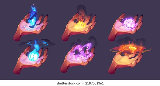 Witch hands with black magic power cartoon set. Vector illustration of creepy female fingers holding illuminated flame, ice, hurricane, curse symbols isolated on background. Evil woman casting spell