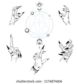 Witch hands with black nails, rings, Magic. Boho style.