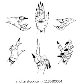 Witch hands with black nails, rings, Magic. Boho style.
