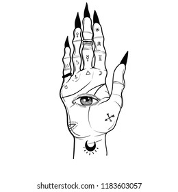 Witch hands with black nails, rings, Magic. Boho style.