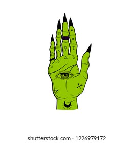 Witch hands with black nails, rings, Magic. Boho style.