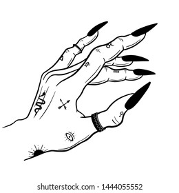 Witch hands with black nails, rings, Magic. Boho style.