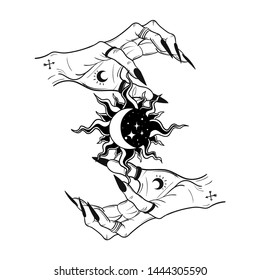 Witch hands with black nails, rings holding moon, Magic. Boho style.