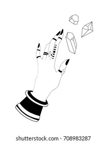Witch hands with black nails, rings, crystals, silhouettes of flying birds, feathers, flock, pigeons. Magic. Boho style.