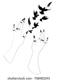 Witch hands with black nails, rings, crystals, silhouettes of flying birds, feathers, flock, pigeons. Magic. Boho style.