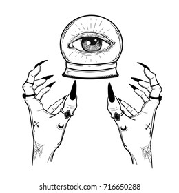 Witch hands with black nails, rings with magic ball, Magic. Boho style.