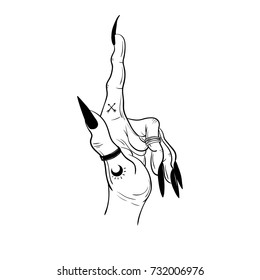 Witch hands with black nails, rings, Magic. Boho style.