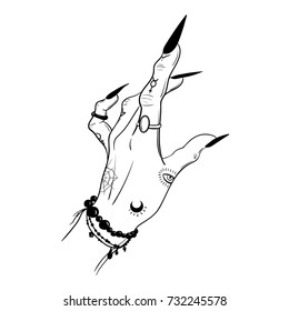 Witch hands with black nails, rings, Magic. Boho style.