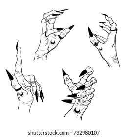 Witch hands with black nails, rings, Magic. Boho style.