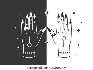 Witch hands. Boho witchcraft tarot poster. Spiritual feminine arms with accessory, female and male symbols. Sacred tattoo, fortune telling or prediction. Mystery or astrology signs