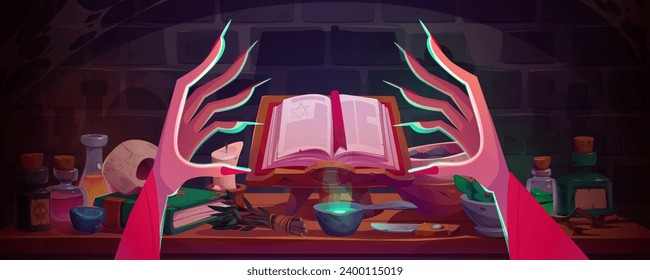 Witch hands conjure over magic spell book and green glowing potion. Cartoon game vector of dark dungeon room with brick wall and cobwebs, table with ingredients and accessories for wizard make poison.