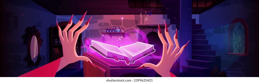 Witch hands conjure over magical flying glowing spell book with pink haze. Dark dungeon or castle room with brick walls and stairs, cabinets with ingredients and accessories for wizard to make potions