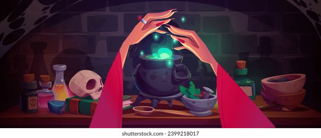 Witch hands conjuring over cauldron with brewing green glowing potion with bubbles. Cartoon game vector illustration of table with magical wizard ingredients and accessories for poison-making.