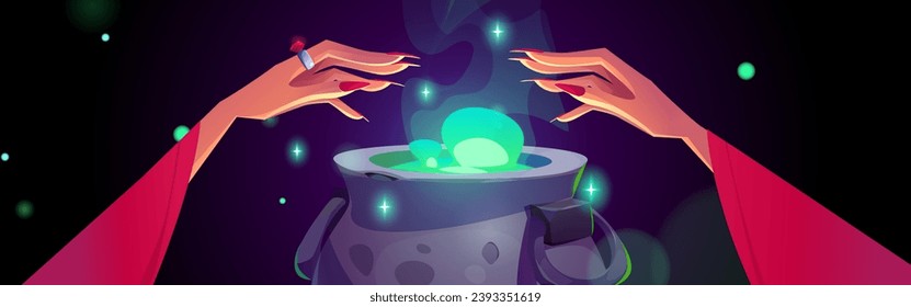 Witch hands doing magic over cauldron with potion. Vector cartoon illustration of female magician putting spell, hot green substance boiling in pot, sparkles glowing on black background, witchcraft