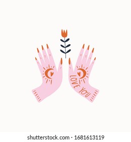Witch hands with flower illustration in vector. Tattoo lettering. Love and Valentines Day concept. Doodle style.