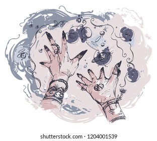 Witch hands with magic happens around. Concept design for print, poster, tattoo, sticker, card. Vintage vector illustration 