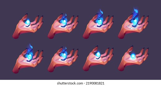 Witch hands with magic power animation sprite sheet. Sequence frame of creepy female palm with long nails holding blue glowing flame. Evil woman casting Halloween spell Cartoon vector illustration set