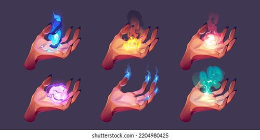 Witch hands with magic spells. Witchcraft, mystic ritual, esoteric concept. Vector cartoon set of female hands hold fire, magician ball, smoke and let out lightnings from nails