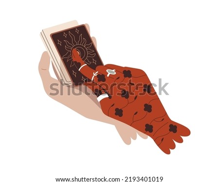 Witch hands with magic tarot cards. Fortune telling with esoteric occult deck, mystic taro reading, future prediction, divination concept. Flat vector illustration isolated on white background