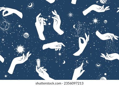 Witch hands, magic tarot seamless pattern, wizardry and fortune-telling, sorcery and witchcraft background, magic spells, vector 