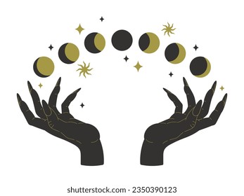 Witch hands with moon phases. Magic female hands, esoteric, astrological and mystic flat vector illustration. Boho magic hand palms