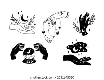 Witch hands and Mystical boho moon isolated cliparts bundle, celestial floral witchy collection, crescent moon and flowers set, magic line esoteric objects - black and white vector illustration