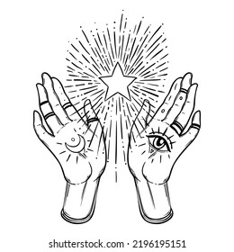 Witch hands open with magic star. Alchemy, spirituality, occultism, tattoo art. Isolated black and white vector illustration. Halloween concept. Wiccan magic.