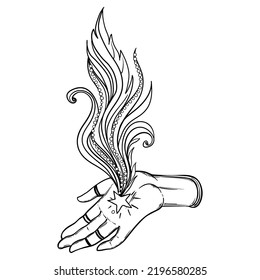 Witch hands open with magic star. Alchemy, spirituality, occultism, tattoo art. Isolated black and white vector illustration. Halloween concept. Wiccan magic.