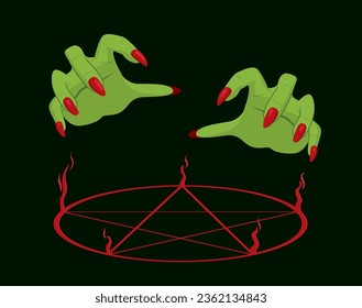 Witch hands with red long nails casting a magic spell. Female arms making black magic ritual with burning pentagram symbol in the dark