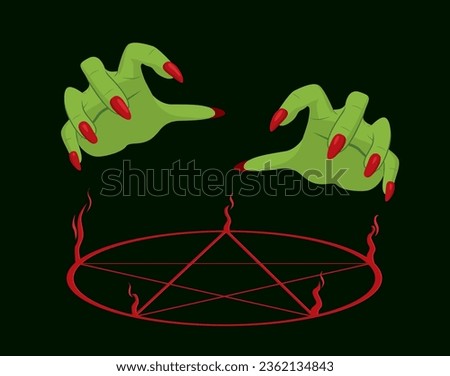Witch hands with red long nails casting a magic spell. Female arms making black magic ritual with burning pentagram symbol in the dark